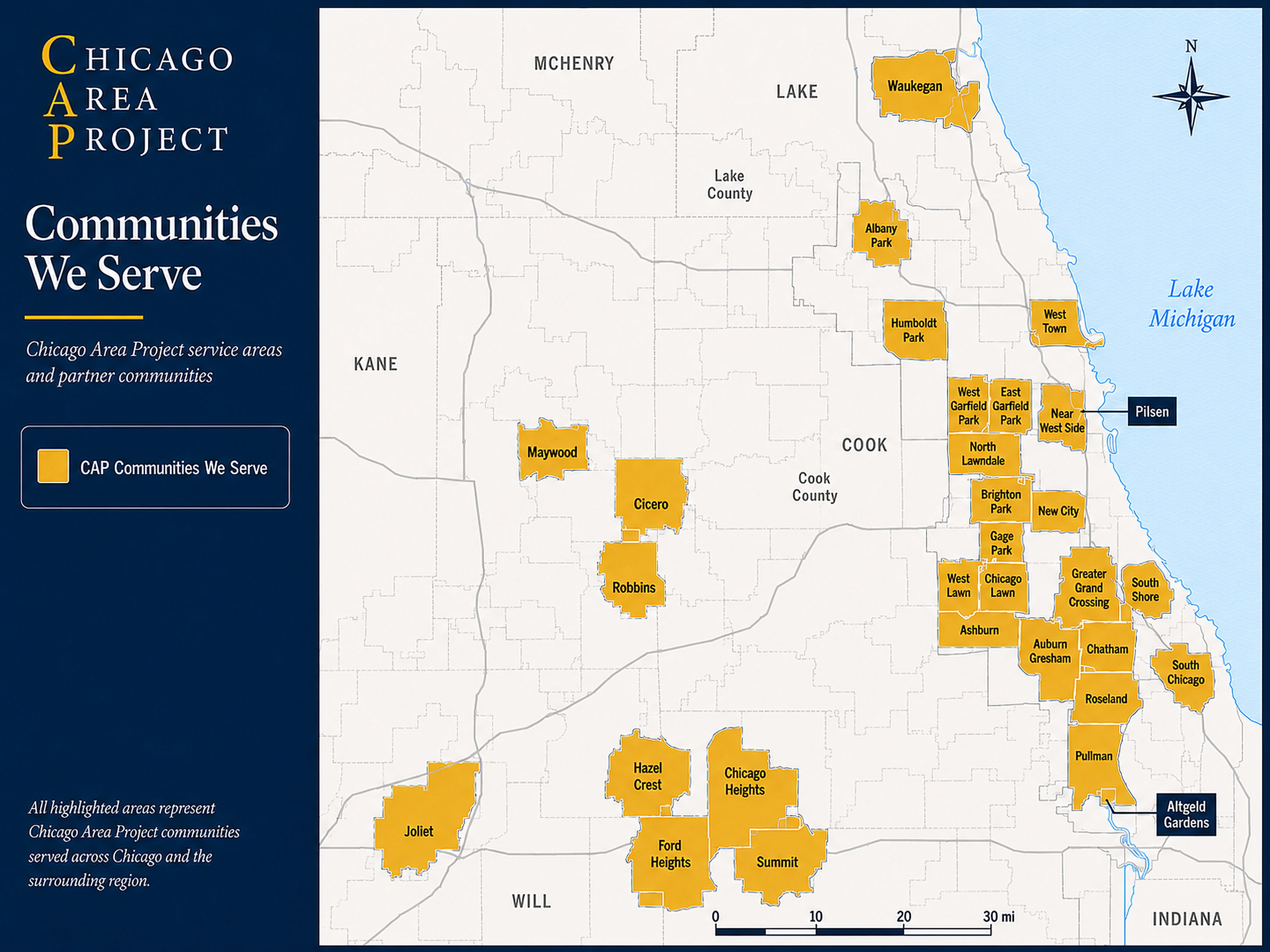 Chicagoland map highlighting Chicago Area Project communities