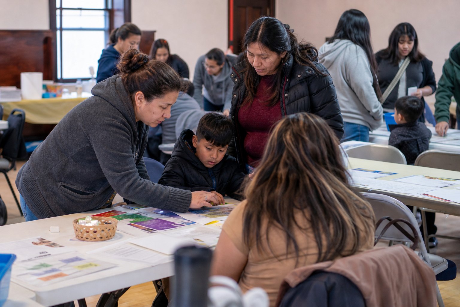 Albany Park families connecting at a neighborhood resource gathering