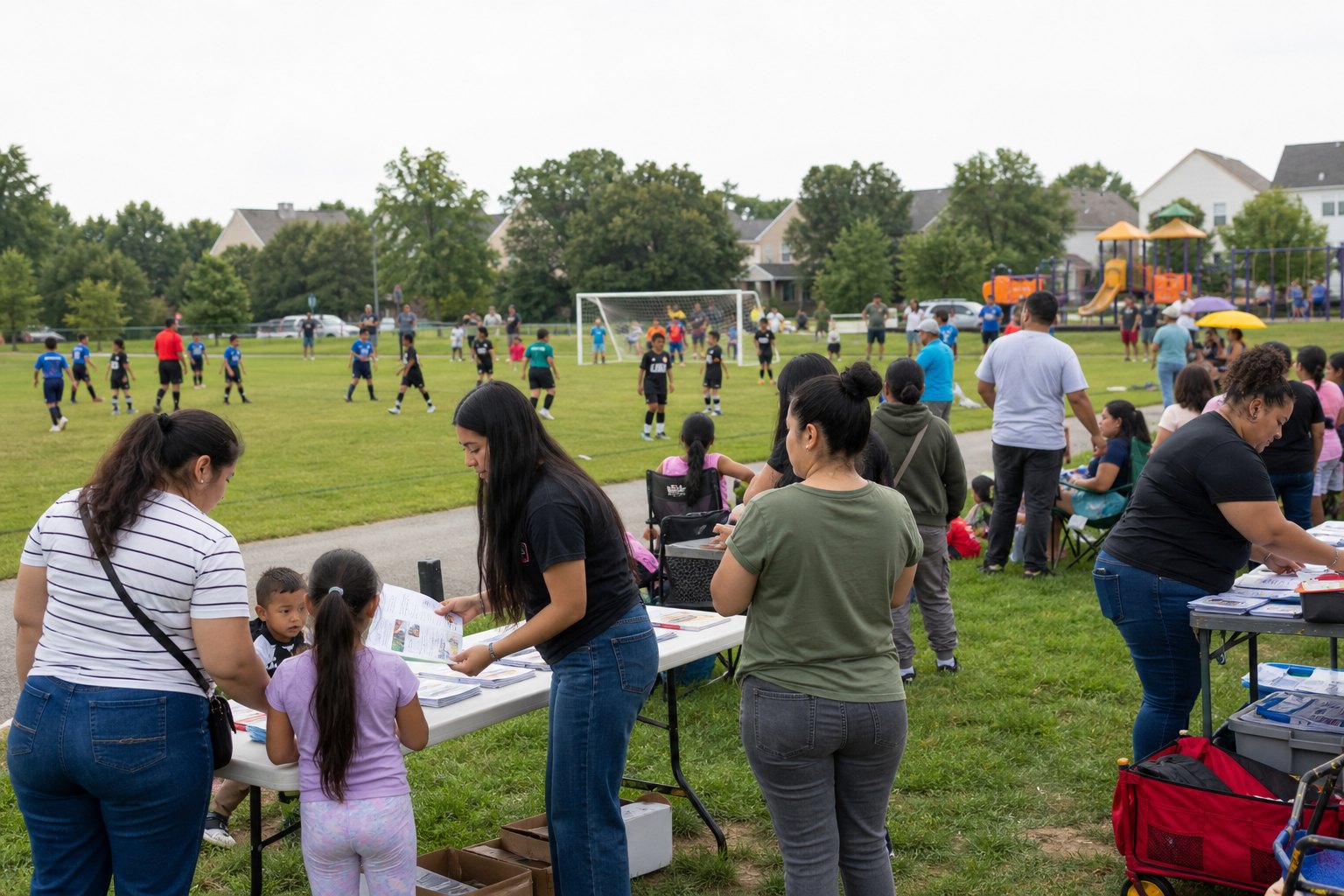 Ashburn families connecting at a neighborhood soccer and resource day