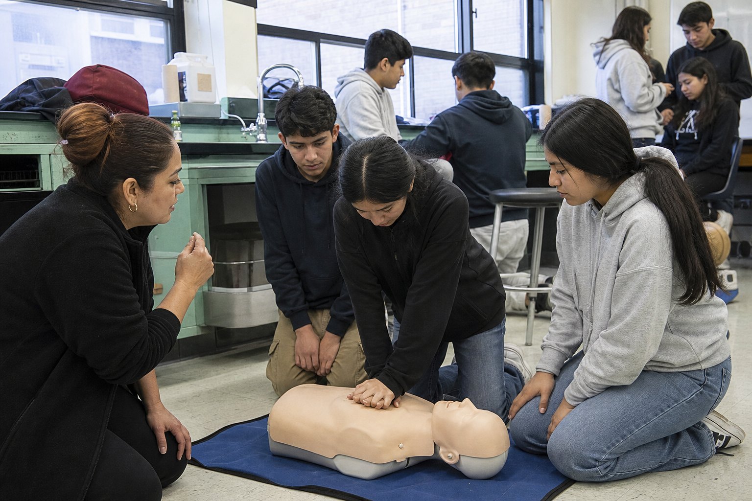 Pilsen students practicing healthcare skills with a mentor