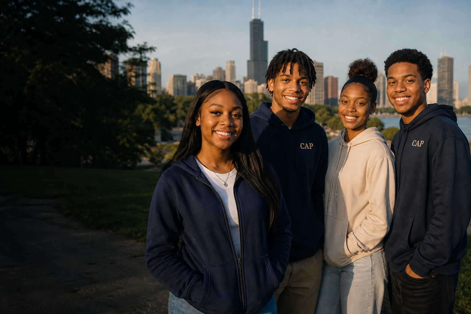 Young Chicago community members smiling together, with CAP embroidered on the boys' hoodies