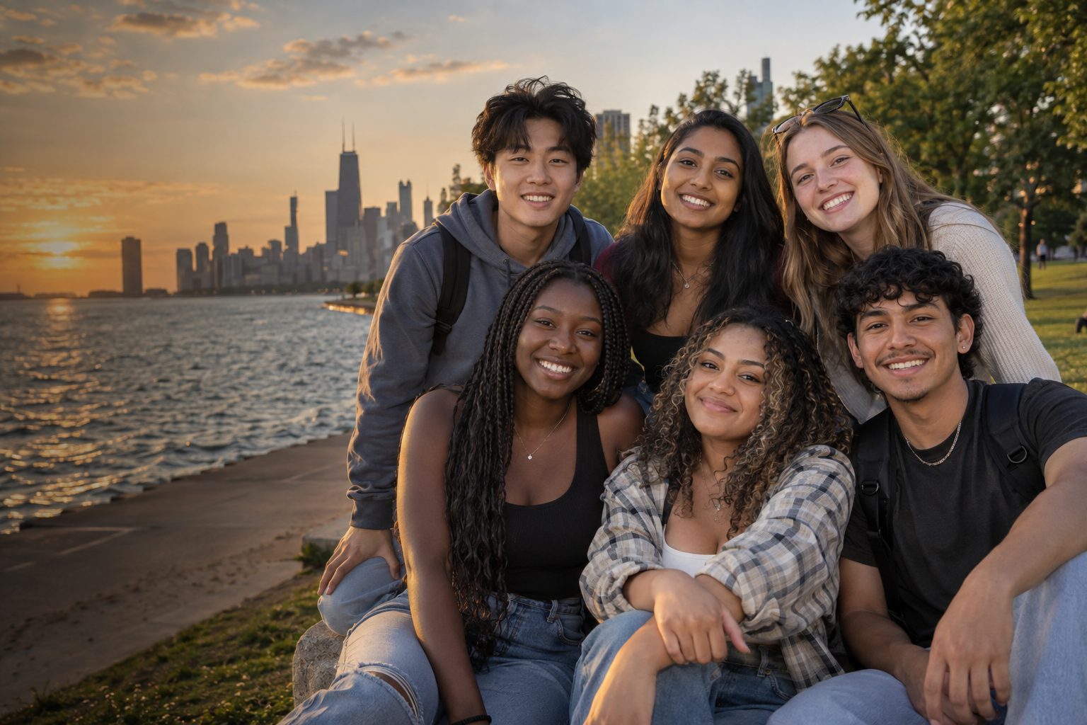 A diverse group of Chicago young people smiling together along the lakefront